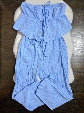 Shein Light Blue Cotton Co-ord Set Strapless Ruffle Crop Top and Wide Leg Pants